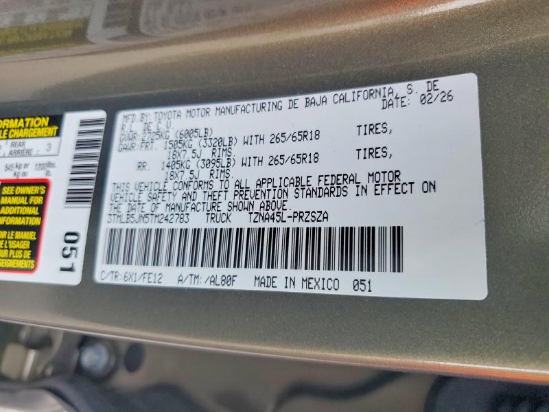 66942396 :رقم المزاد ، 3TMLB5JN5TM242783 vin ، 2026 Toyota Tacoma مزاد بيع