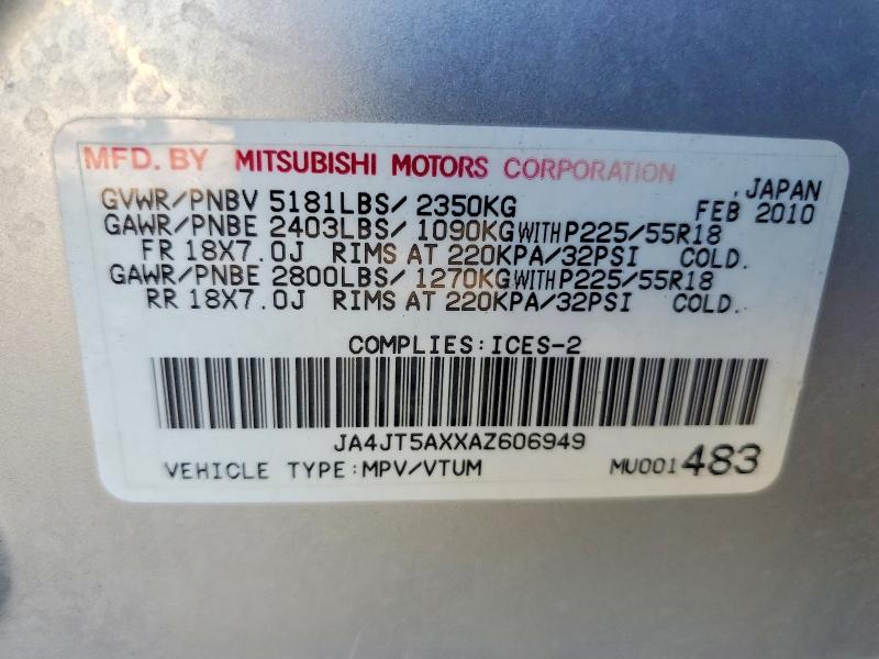 2010 Mitsubishi Outlander მანქანა იყიდება აუქციონზე, vin: JA4JT5AXXAZ606949, აუქციონის ნომერი: 63738406