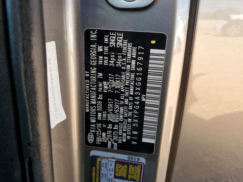 65369726 :رقم المزاد ، 5XYPG4A3XGG167917 vin ، 2016 Kia Sorento مزاد بيع