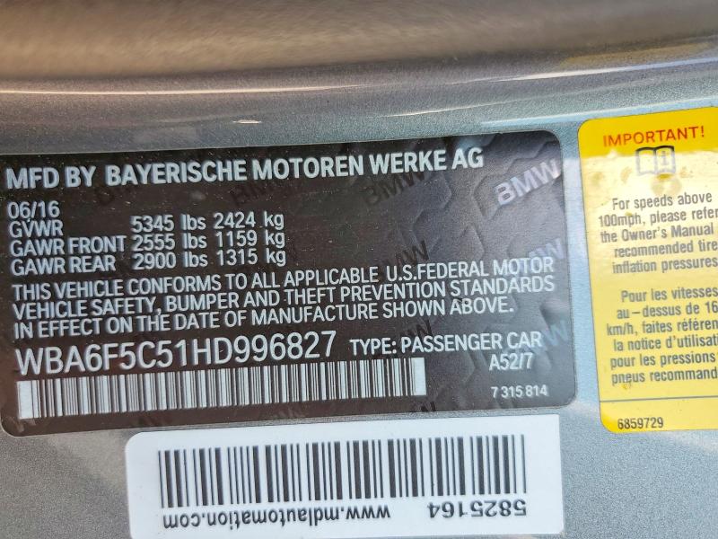 Продаж на аукціоні авто 2017 Bmw 650, vin: WBA6F5C51HD996827, номер лоту: 67309756
