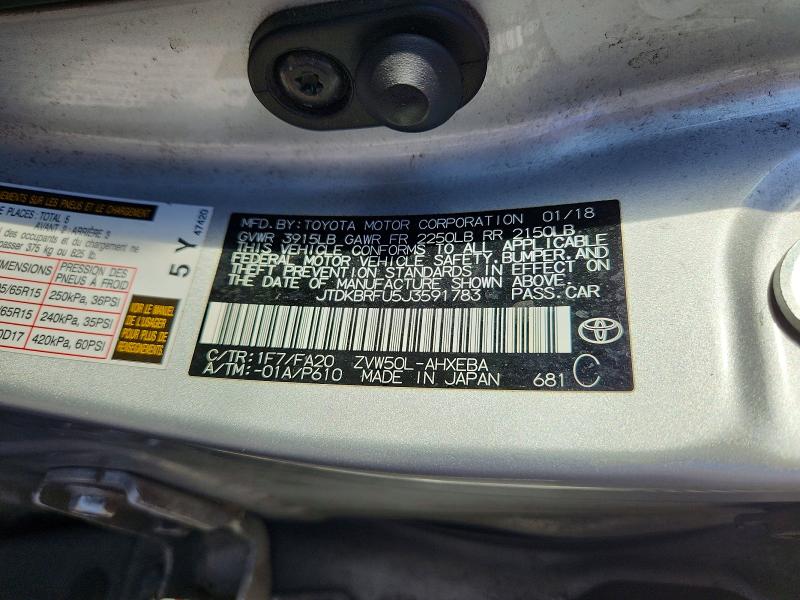 65714626 :رقم المزاد ، JTDKBRFU5J3591783 vin ، 2018 Toyota Prius مزاد بيع