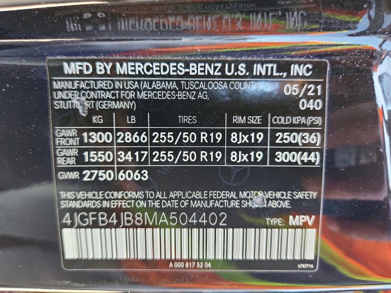 66082876 :رقم المزاد ، 4JGFB4JB8MA504402 vin ، 2021 Mercedes-benz Gle مزاد بيع