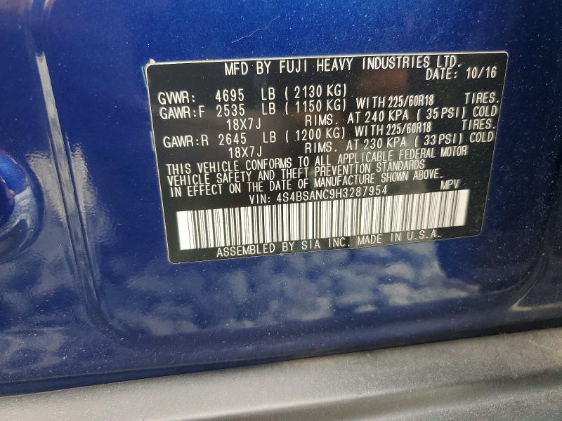 64159116 :رقم المزاد ، 4S4BSANC9H3287954 vin ، 2017 Subaru Outback مزاد بيع