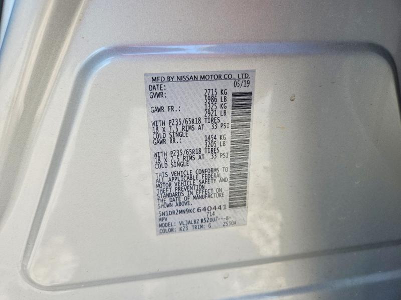 Продаж на аукціоні авто 2019 Nissan Pathfinder, vin: 5N1DR2MN9KC640441, номер лоту: 66299306