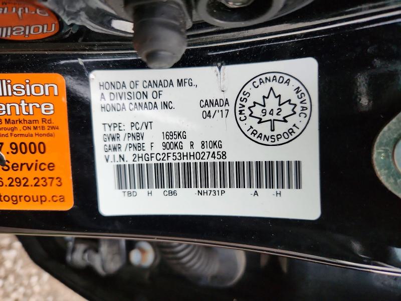 65627846 :رقم المزاد ، 2HGFC2F53HH027458 vin ، 2017 Honda Civic مزاد بيع