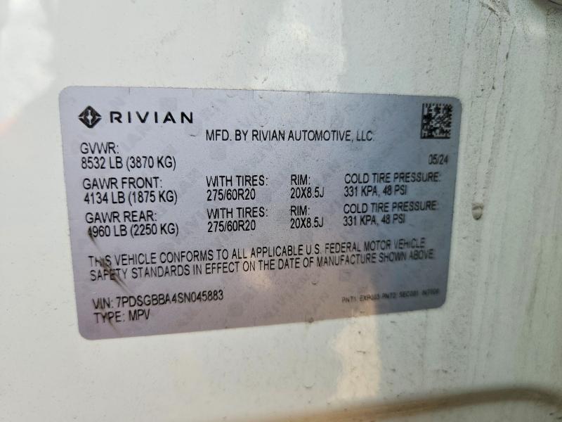2025 Rivian R1s მანქანა იყიდება აუქციონზე, vin: 7PDSGBBA4SN045883, აუქციონის ნომერი: 64214926