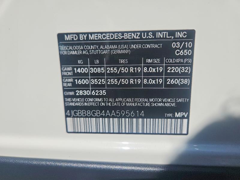 62978626 :رقم المزاد ، 4JGBB8GB4AA595614 vin ، 2010 Mercedes-benz Ml مزاد بيع