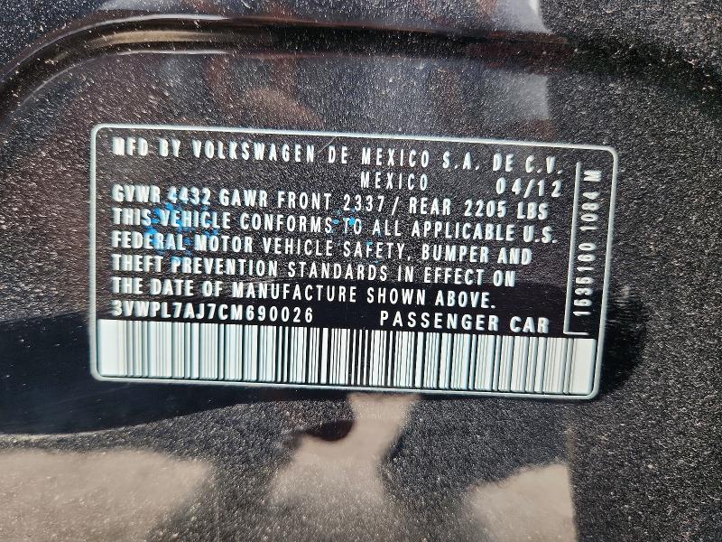 63103286 :رقم المزاد ، 3VWPL7AJ7CM690026 vin ، 2012 Volkswagen Jetta مزاد بيع