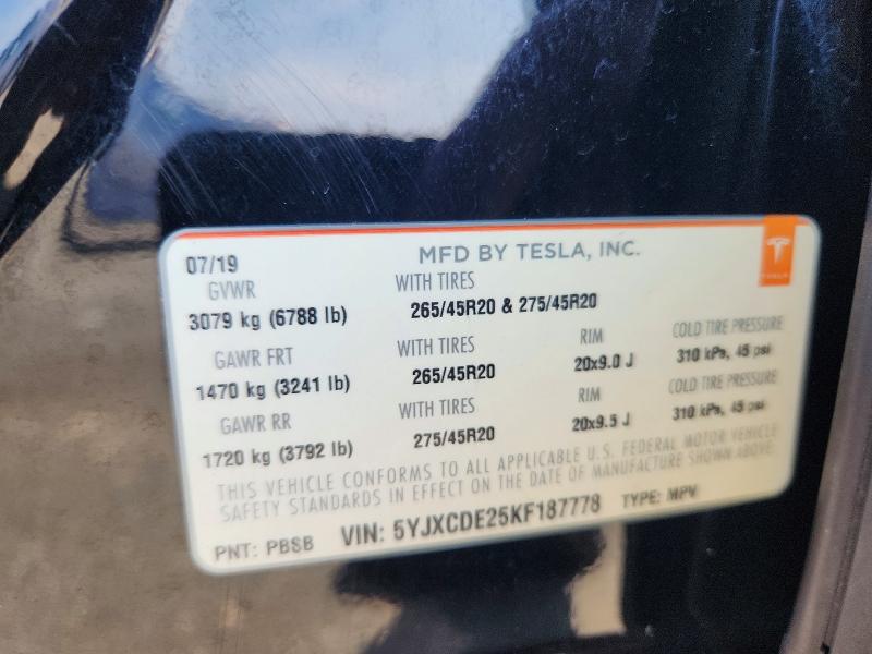 66314376 :رقم المزاد ، 5YJXCDE25KF187778 vin ، 2019 Tesla Model X مزاد بيع