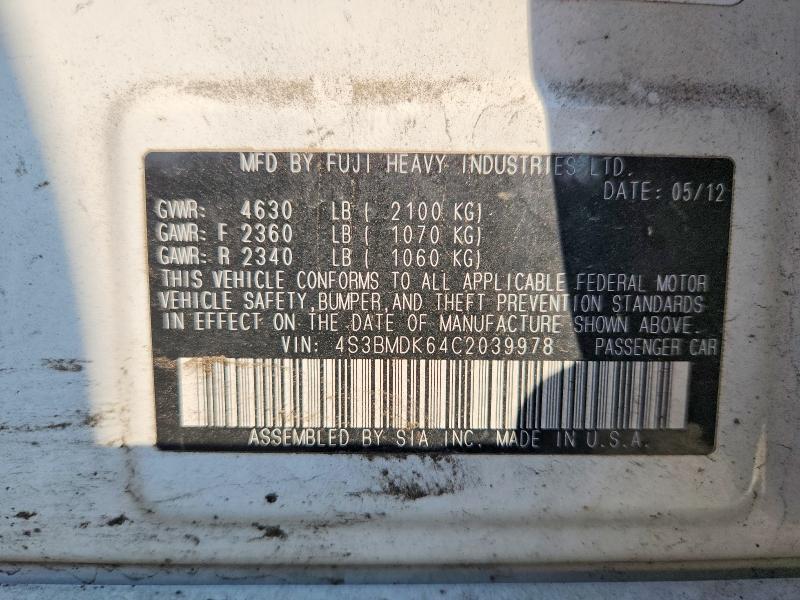 2012 Subaru Legacy მანქანა იყიდება აუქციონზე, vin: 4S3BMDK64C2039978, აუქციონის ნომერი: 64114466