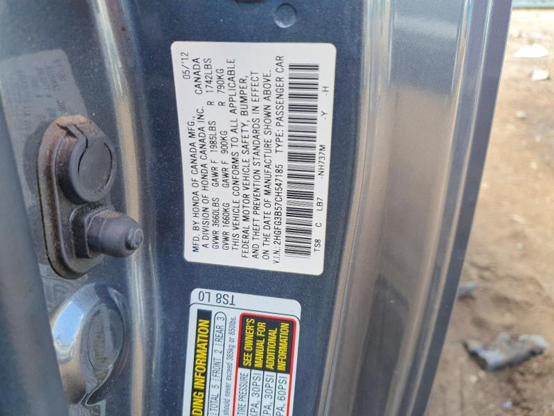 66125156 :رقم المزاد ، 2HGFG3B57CH547185 vin ، 2012 Honda Civic مزاد بيع