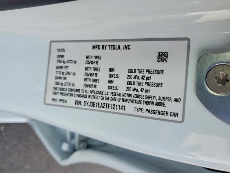 2026 Tesla Model 3 მანქანა იყიდება აუქციონზე, vin: 5YJ3E1EA2TF121141, აუქციონის ნომერი: 64156946