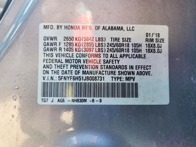 Aukcja sprzedaży 2018 Honda Pilot, vin: 5FNYF6H51JB008731, numer aukcji: 63771446