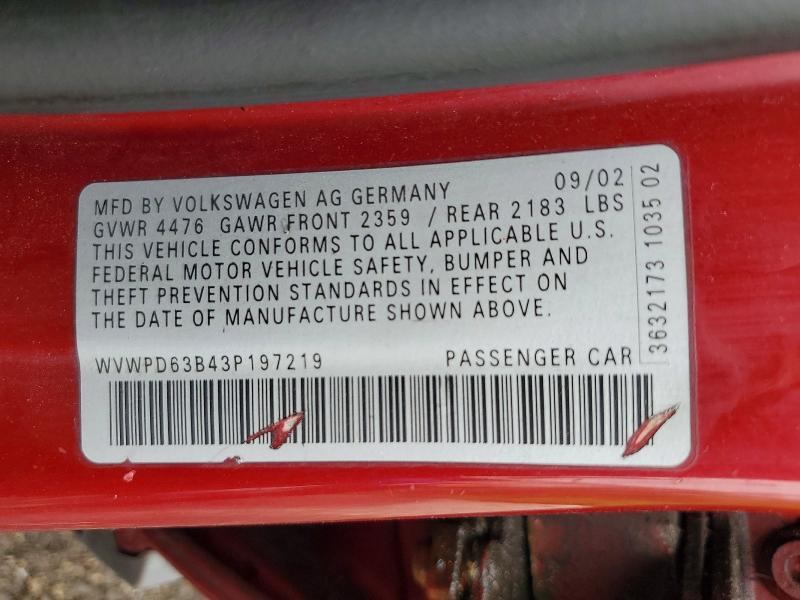 64294216 :رقم المزاد ، WVWPD63B43P197219 vin ، 2003 Volkswagen Passat مزاد بيع
