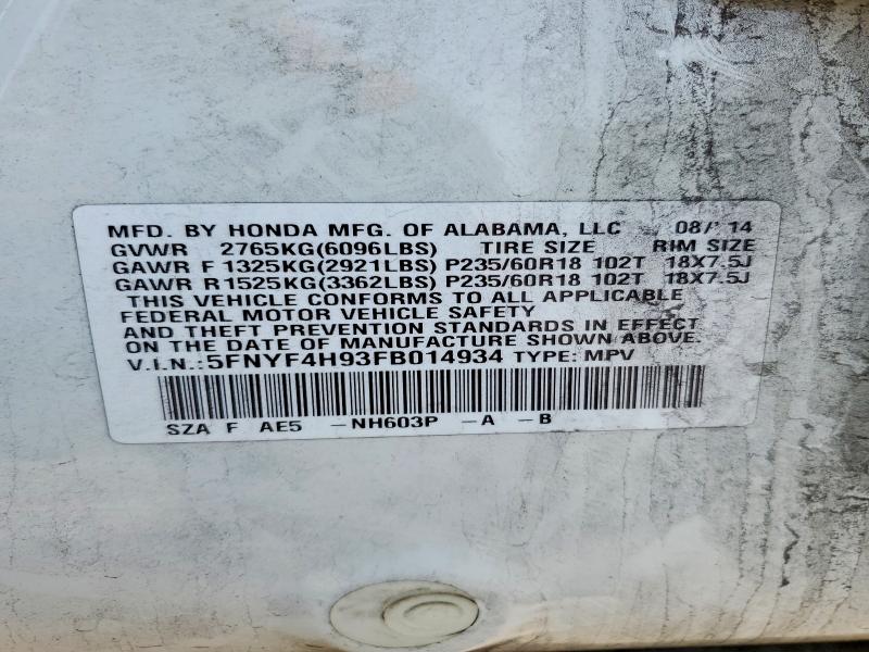 63753726 :رقم المزاد ، 5FNYF4H93FB014934 vin ، 2015 Honda Pilot مزاد بيع