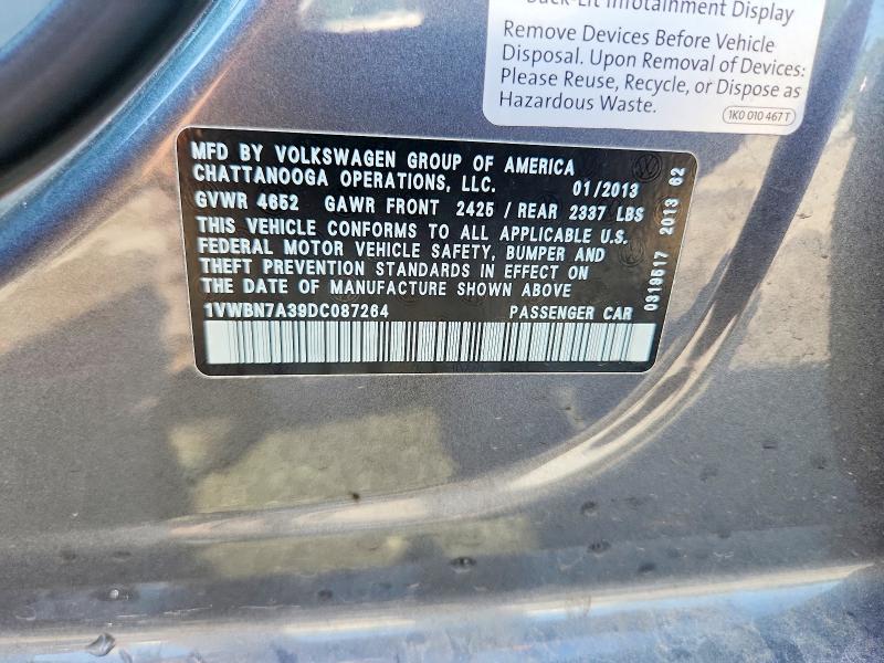 Продаж на аукціоні авто 2013 Volkswagen Passat, vin: 1VWBN7A39DC087264, номер лоту: 65636506