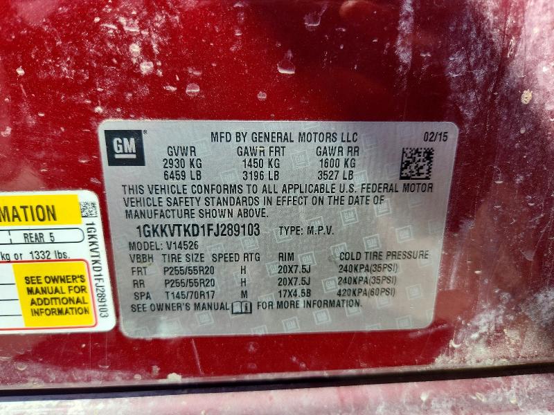 66197816 :رقم المزاد ، 1GKKVTKD1FJ289103 vin ، 2015 Gmc Acadia مزاد بيع