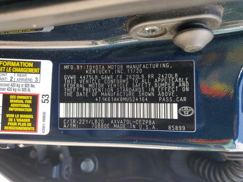 Aukcja sprzedaży 2021 Toyota Camry, vin: 4T1K61AK8MU524164, numer aukcji: 64078176