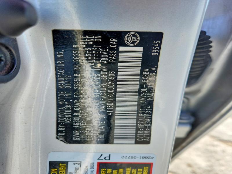 61059986 :رقم المزاد ، 4T1BD1FK0CU025906 vin ، 2012 Toyota Camry Hybrid مزاد بيع