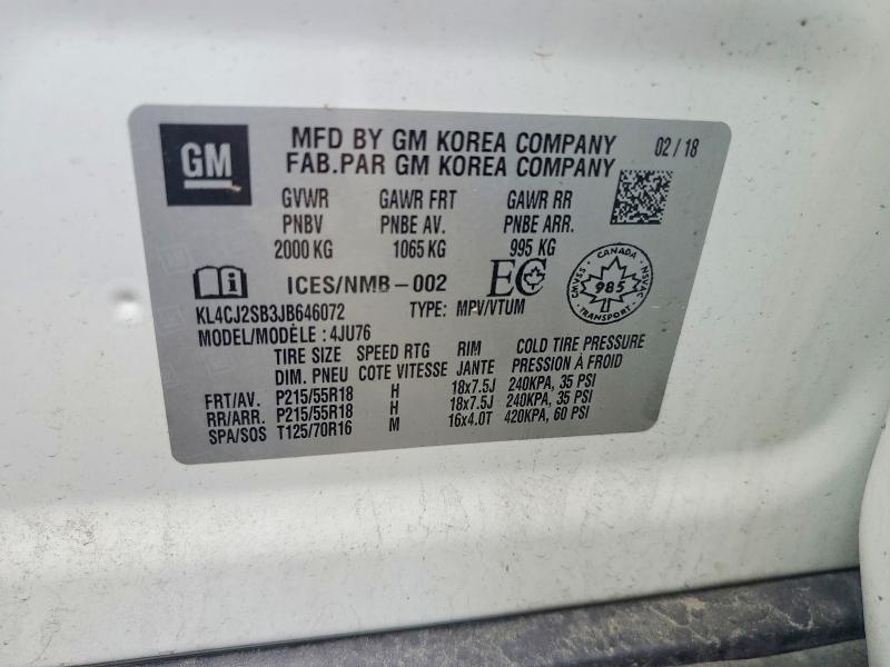2018 Buick Encore მანქანა იყიდება აუქციონზე, vin: KL4CJ2SB3JB646072, აუქციონის ნომერი: 63415706