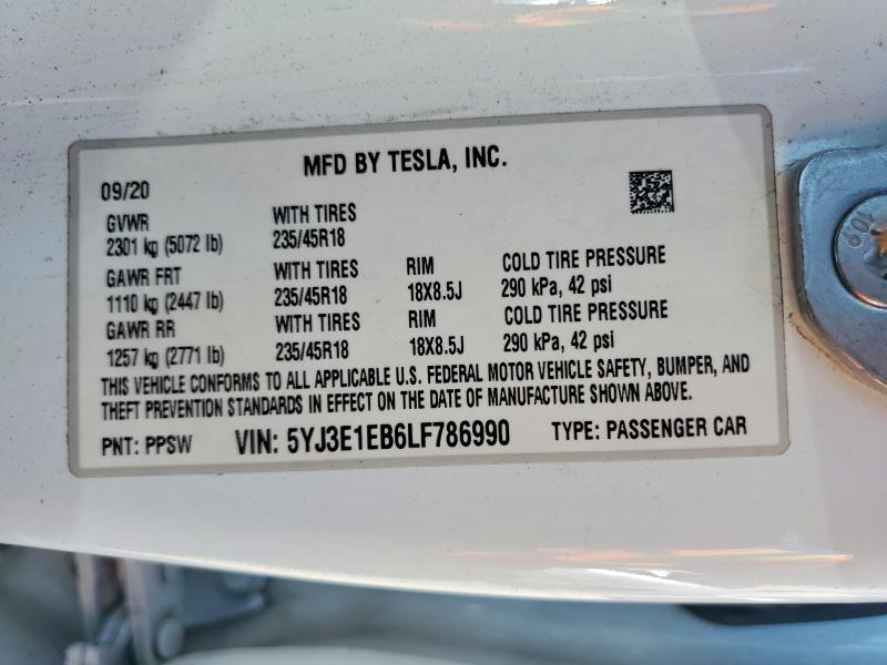Продаж на аукціоні авто 2020 Tesla Model 3, vin: 5YJ3E1EB6LF786990, номер лоту: 64797026