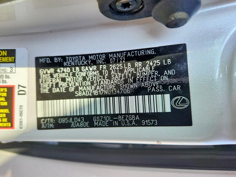 Aukcja sprzedaży 2022 Lexus Es 350, vin: 58ADZ1B17NU134706, numer aukcji: 66703116