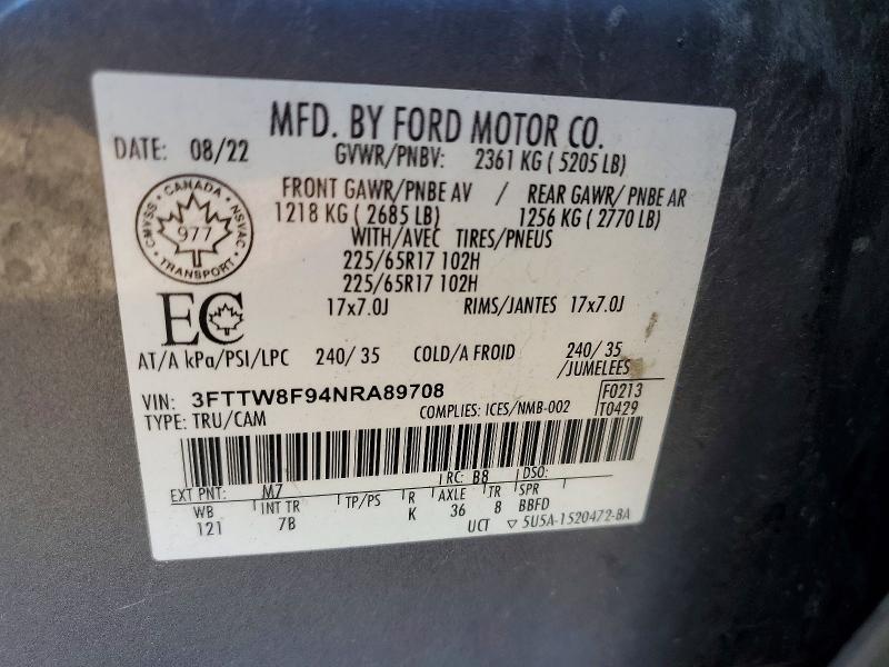 66934646 :رقم المزاد ، 3FTTW8F94NRA89708 vin ، 2022 Ford Maverick مزاد بيع