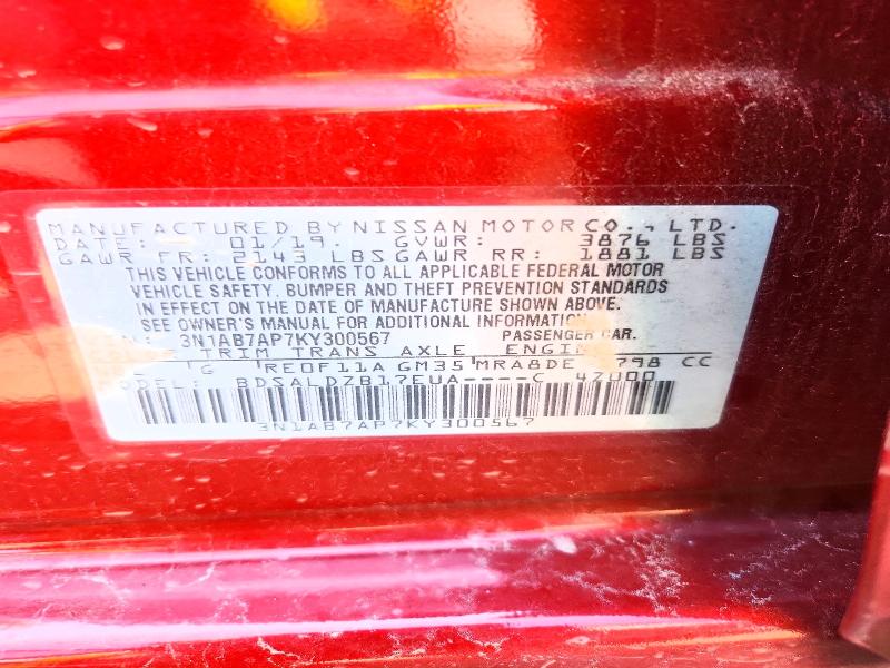 64117046 :رقم المزاد ، 3N1AB7AP7KY300567 vin ، 2019 Nissan Sentra مزاد بيع