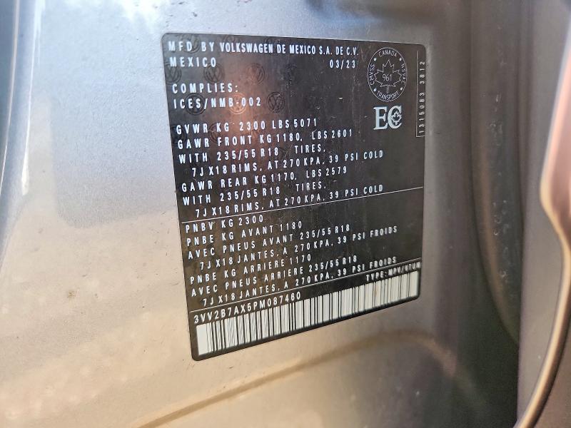 2023 Volkswagen Tiguan მანქანა იყიდება აუქციონზე, vin: 3VV2B7AX5PM087460, აუქციონის ნომერი: 65683896