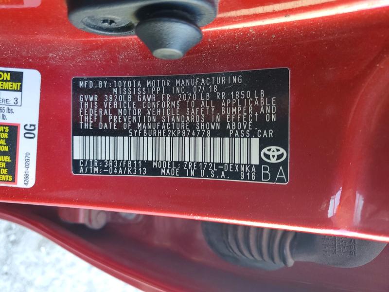 Aukcja sprzedaży 2019 Toyota Corolla, vin: 5YFBURHE2KP874778, numer aukcji: 63755956