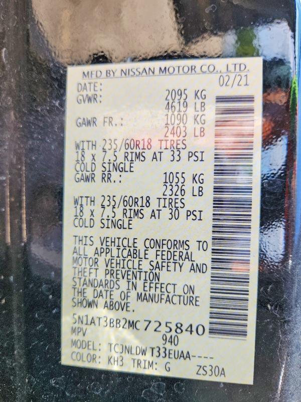 2021 Nissan Rogue მანქანა იყიდება აუქციონზე, vin: 5N1AT3BB2MC725840, აუქციონის ნომერი: 63289526