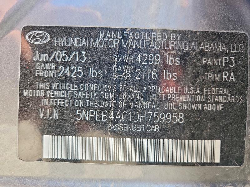 66955066 :رقم المزاد ، 5NPEB4AC1DH759958 vin ، 2013 Hyundai Sonata مزاد بيع