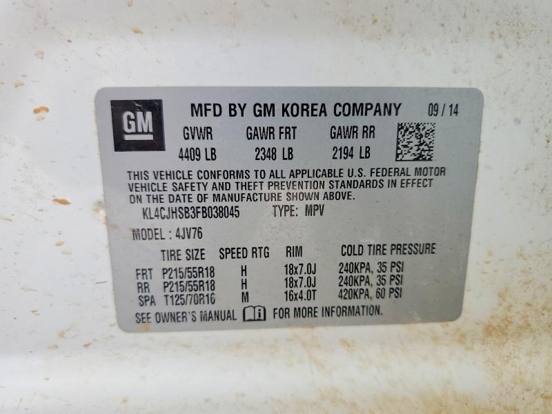 2015 Buick Encore მანქანა იყიდება აუქციონზე, vin: KL4CJHSB3FB038045, აუქციონის ნომერი: 63620126