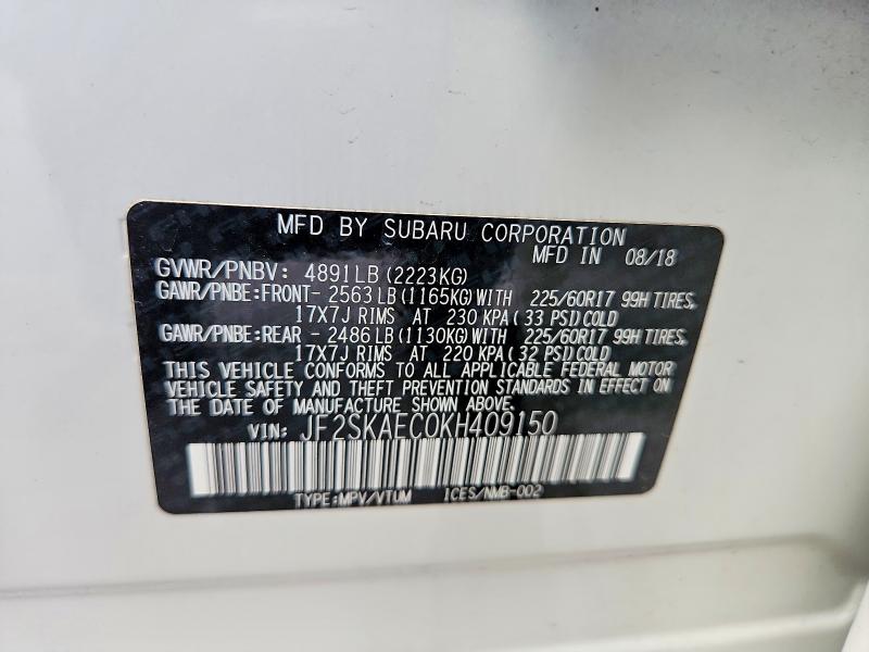 2019 Subaru Forester მანქანა იყიდება აუქციონზე, vin: JF2SKAEC0KH409150, აუქციონის ნომერი: 65829256