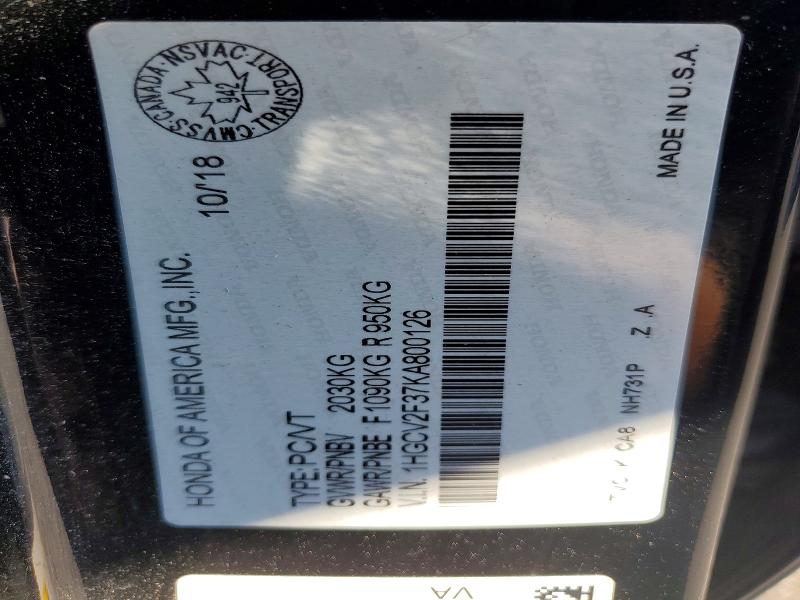Aukcja sprzedaży 2019 Honda Accord, vin: 1HGCV2F37KA800126, numer aukcji: 63214576