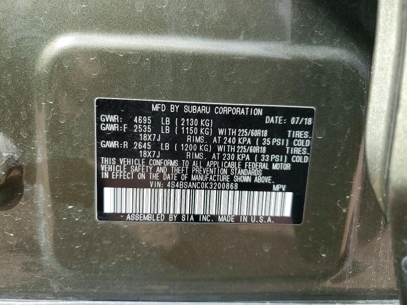 Продажа на аукционе авто 2019 Subaru Outback, vin: 4S4BSANC0K3200868, номер лота: 66593366