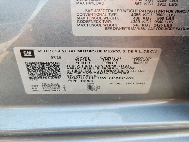 Продаж на аукціоні авто 2020 Chevrolet Silverado, vin: 3GCUYDED2LG393528, номер лоту: 64578276