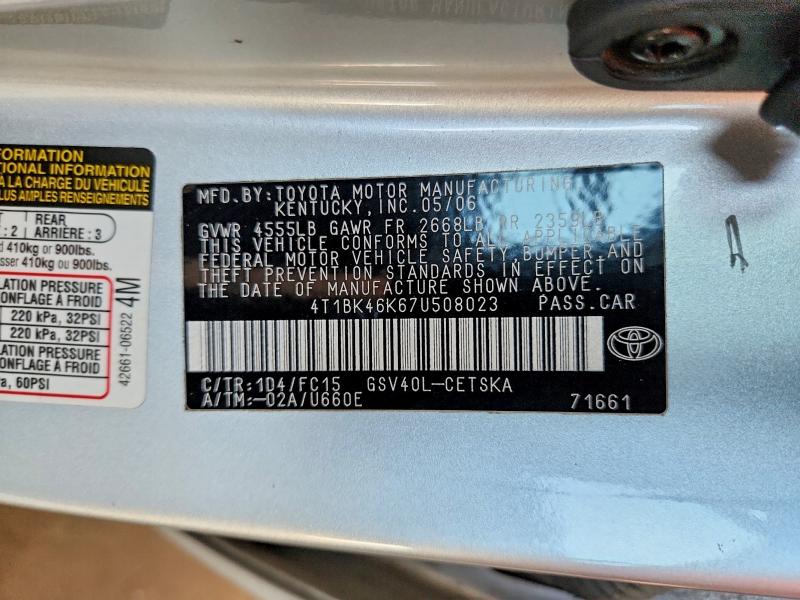 Aukcja sprzedaży 2007 Toyota Camry, vin: 4T1BK46K67U508023, numer aukcji: 64058536