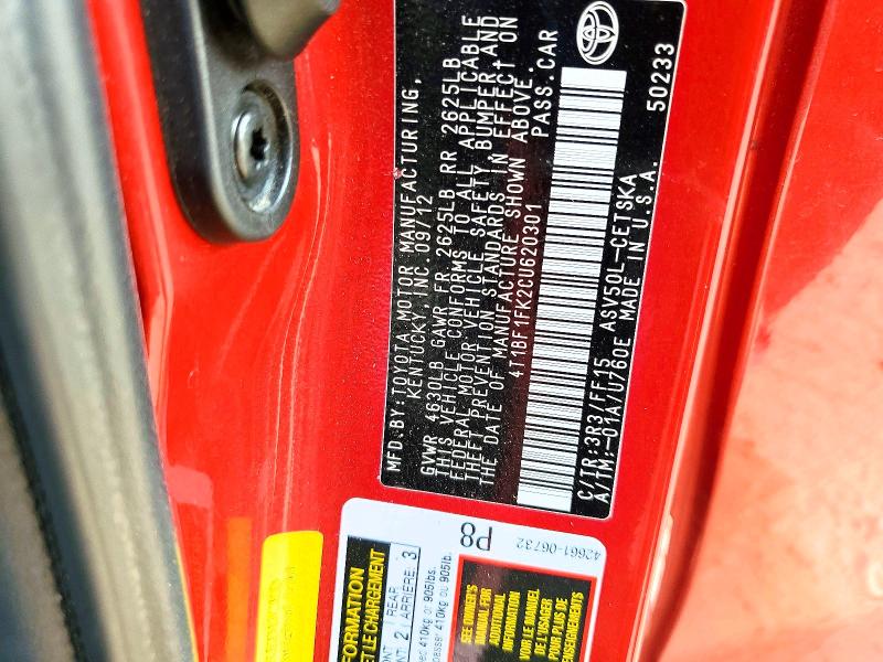63800546 :رقم المزاد ، 4T1BF1FK2CU620301 vin ، 2012 Toyota Camry مزاد بيع