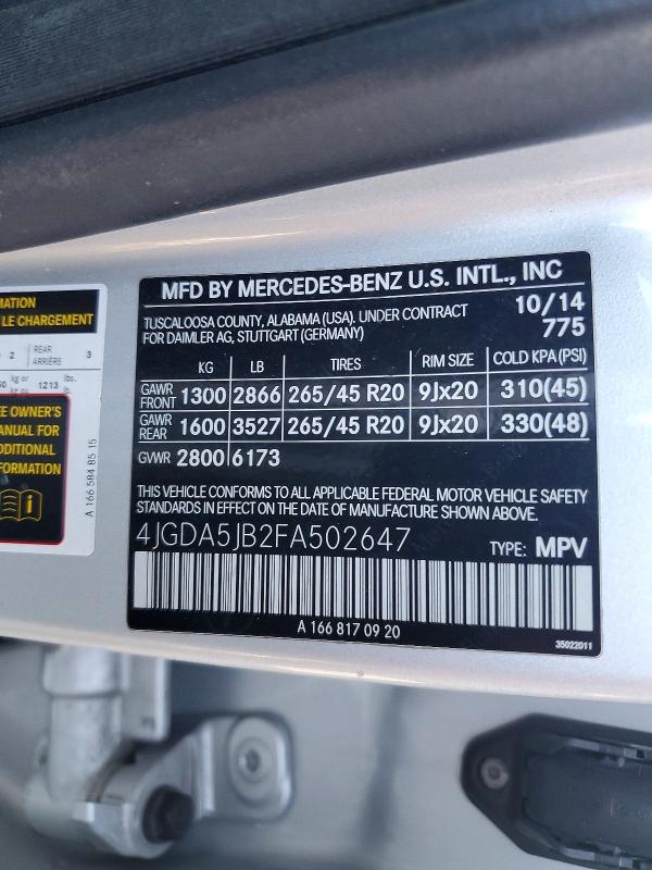 Продажа на аукционе авто 2015 Mercedes-benz Ml, vin: 4JGDA5JB2FA502647, номер лота: 65293446