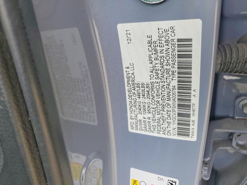 65031106 :رقم المزاد ، 1HGCV3F9XNA006784 vin ، 2022 Honda Accord مزاد بيع