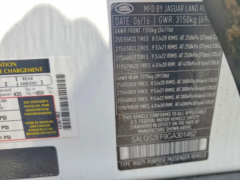 2016 Land Rover Range Rover მანქანა იყიდება აუქციონზე, vin: SALGS2EF9GA301462, აუქციონის ნომერი: 66499756