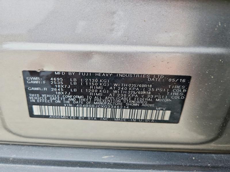 2016 Subaru Outback მანქანა იყიდება აუქციონზე, vin: 4S4BSBJCXG3346214, აუქციონის ნომერი: 66782926