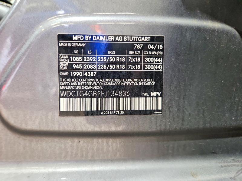2015 Mercedes-benz Gla მანქანა იყიდება აუქციონზე, vin: WDCTG4GB2FJ134836, აუქციონის ნომერი: 64033816