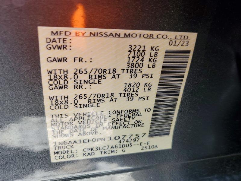 2023 Nissan Titan მანქანა იყიდება აუქციონზე, vin: 1N6AA1EF0PN107757, აუქციონის ნომერი: 66755416