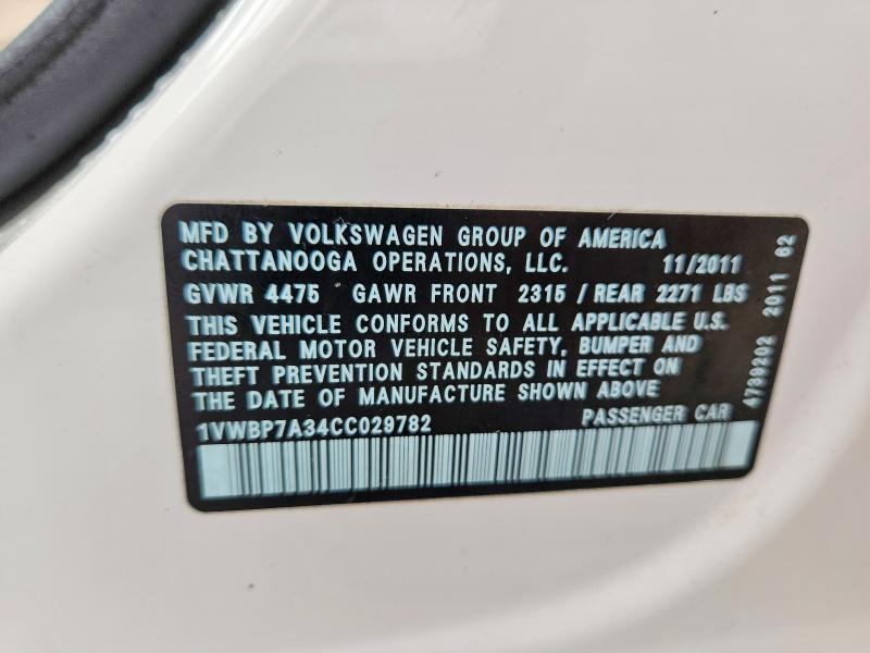 Aukcja sprzedaży 2012 Volkswagen Passat, vin: 1VWBP7A34CC029782, numer aukcji: 66544796