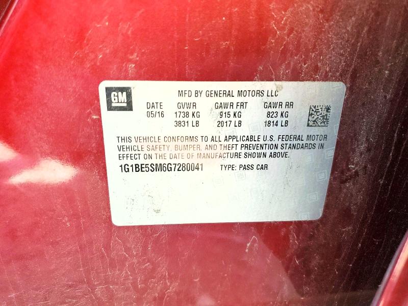 63741346 :رقم المزاد ، 1G1BE5SM6G7280041 vin ، 2016 Chevrolet Cruze مزاد بيع
