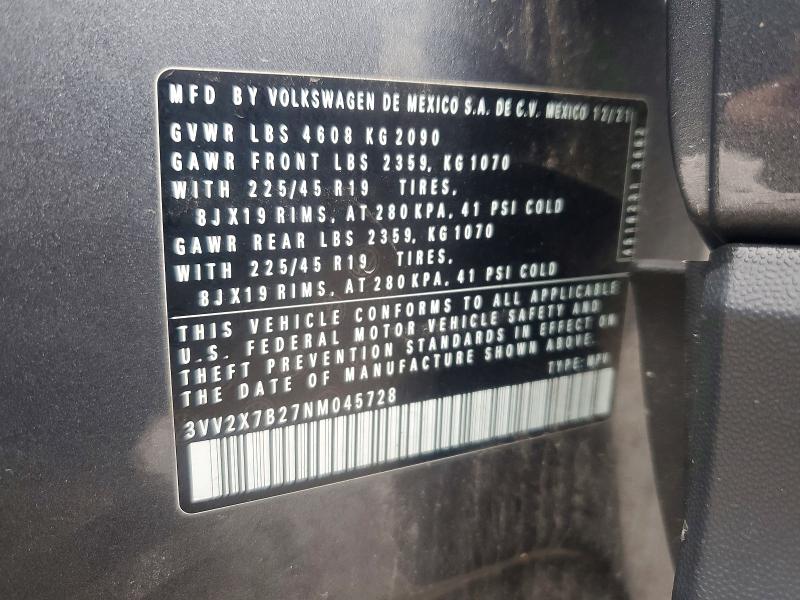 2022 Volkswagen Taos მანქანა იყიდება აუქციონზე, vin: 3VV2X7B27NM045728, აუქციონის ნომერი: 66020416