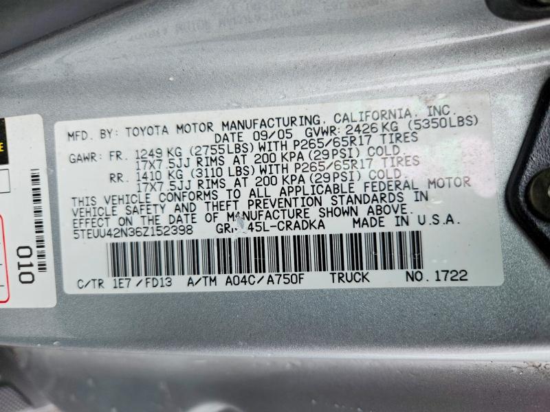 Aukcja sprzedaży 2006 Toyota Tacoma, vin: 5TEUU42N36Z152398, numer aukcji: 63667116
