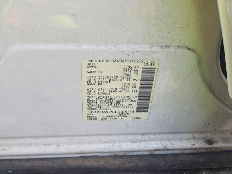 2020 Nissan Murano მანქანა იყიდება აუქციონზე, vin: 5N1AZ2AS9LN111543, აუქციონის ნომერი: 64633026